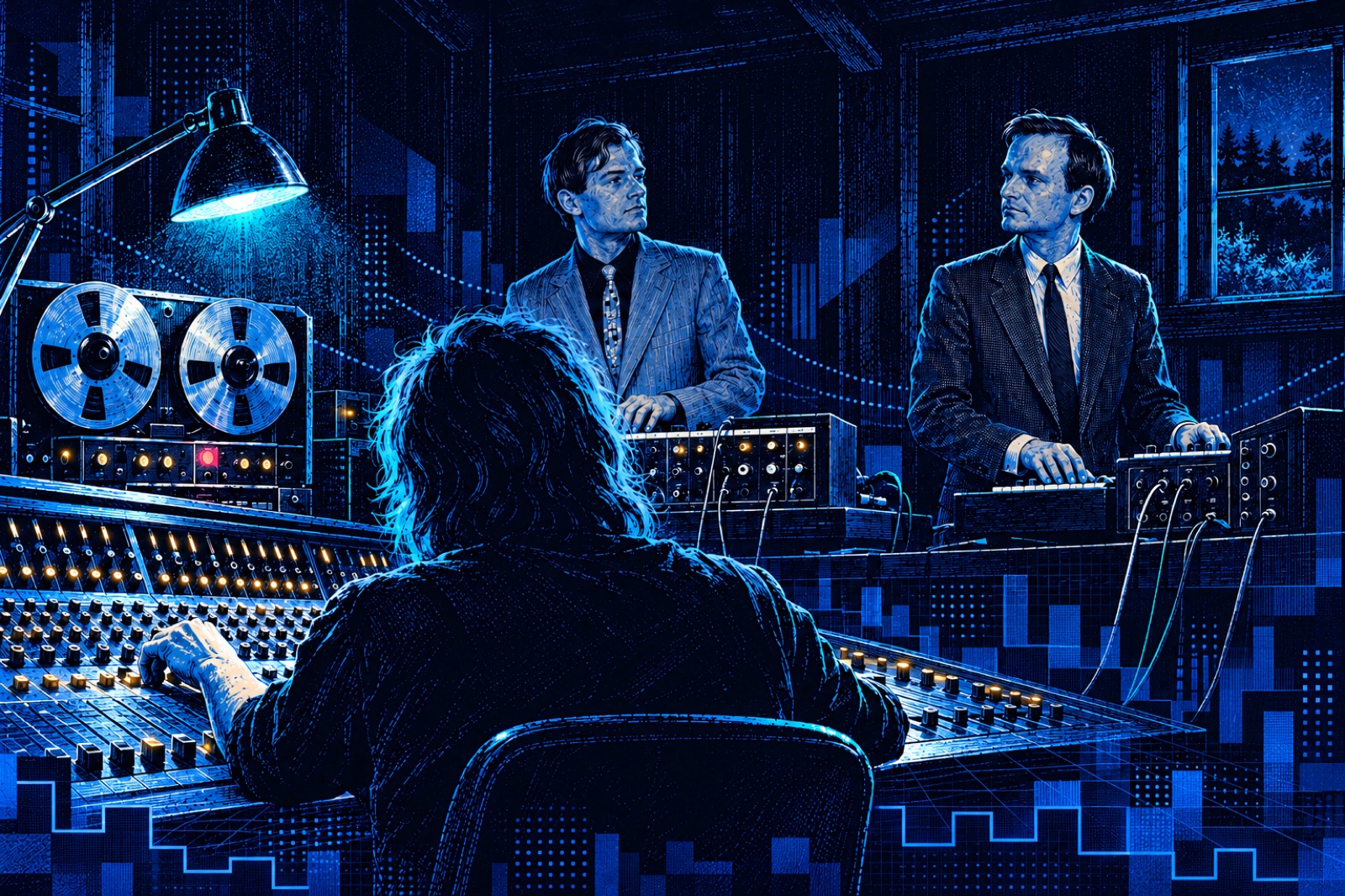 Dans un studio de campagne, un ingénieur vu de dos travaille à une grande table de mixage tandis que Ralf Hütter et Florian Schneider jouent des synthétiseurs derrière lui