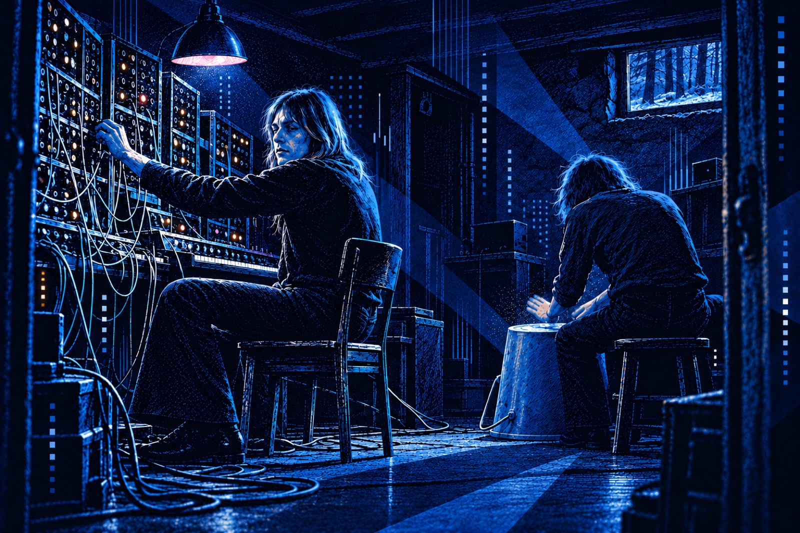 In einem Kellerstudio sitzt Klaus Schulze an einem großen modularen Synthesizer und blickt sich um, während Harald Grosskopf rechts von ihm mit den Händen auf einem umgedrehten Eimer trommelt