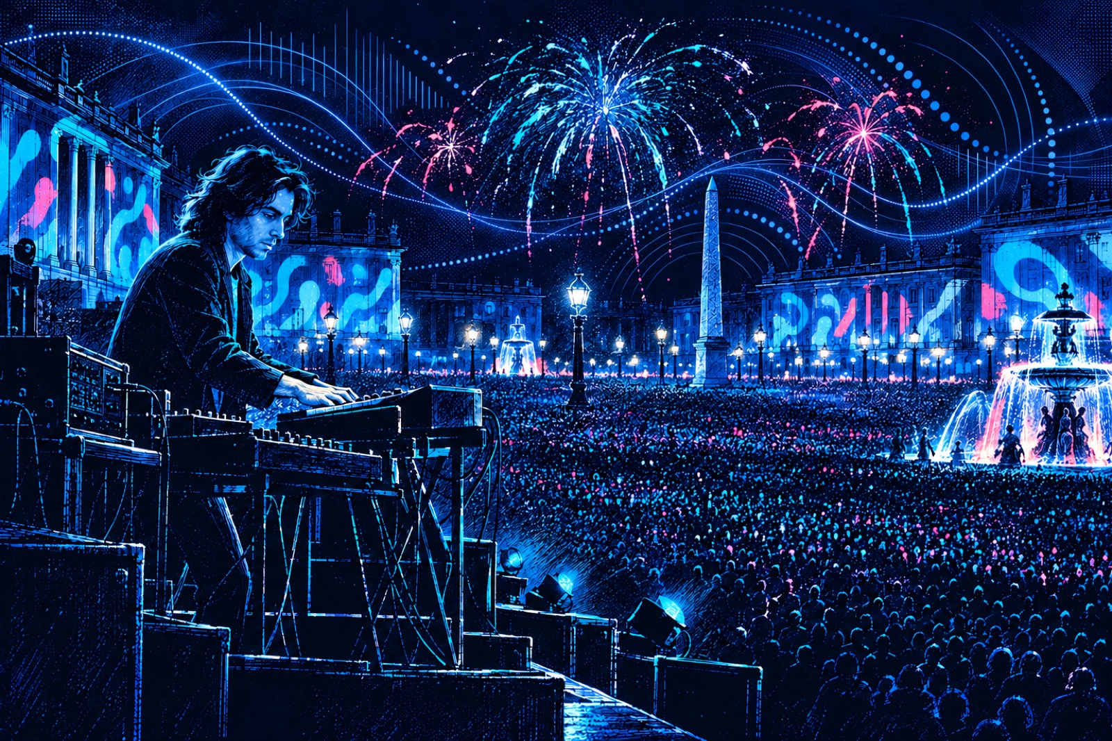 Jean-Michel Jarre plays among synthesizers on a stage in a Paris square before a huge night crowd, with slides on the façades, lit fountains and fireworks