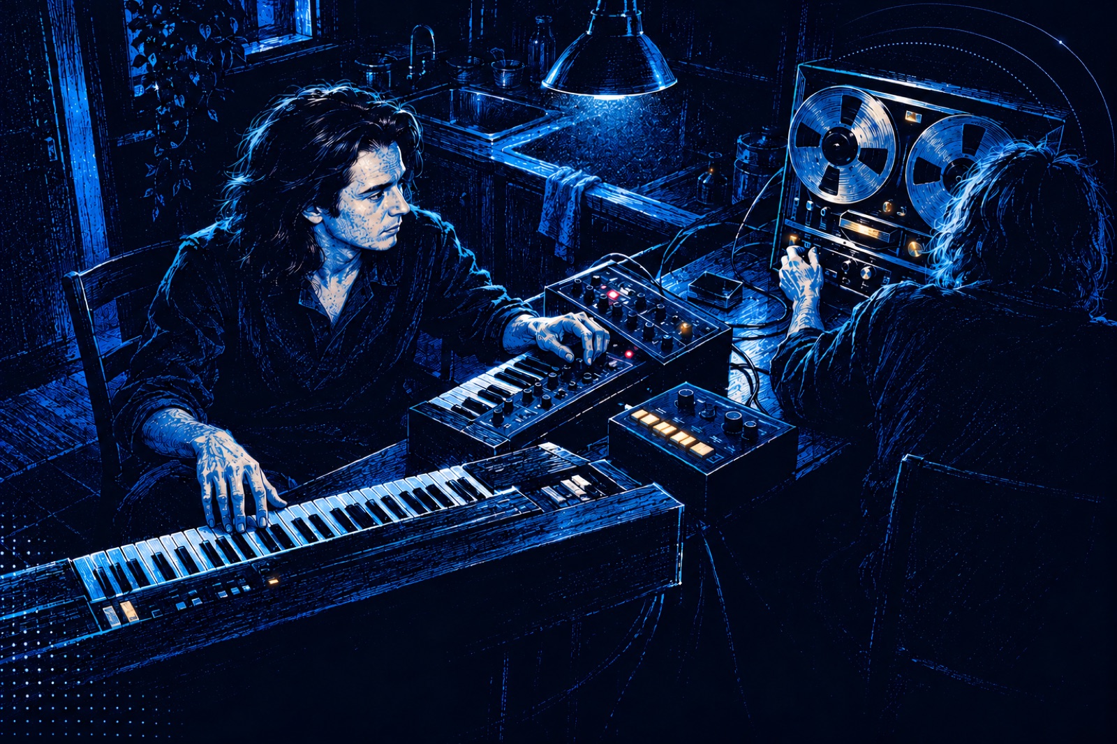 Jean-Michel Jarre plays keyboards in his apartment studio while a friend, seen from behind, works the tape machine