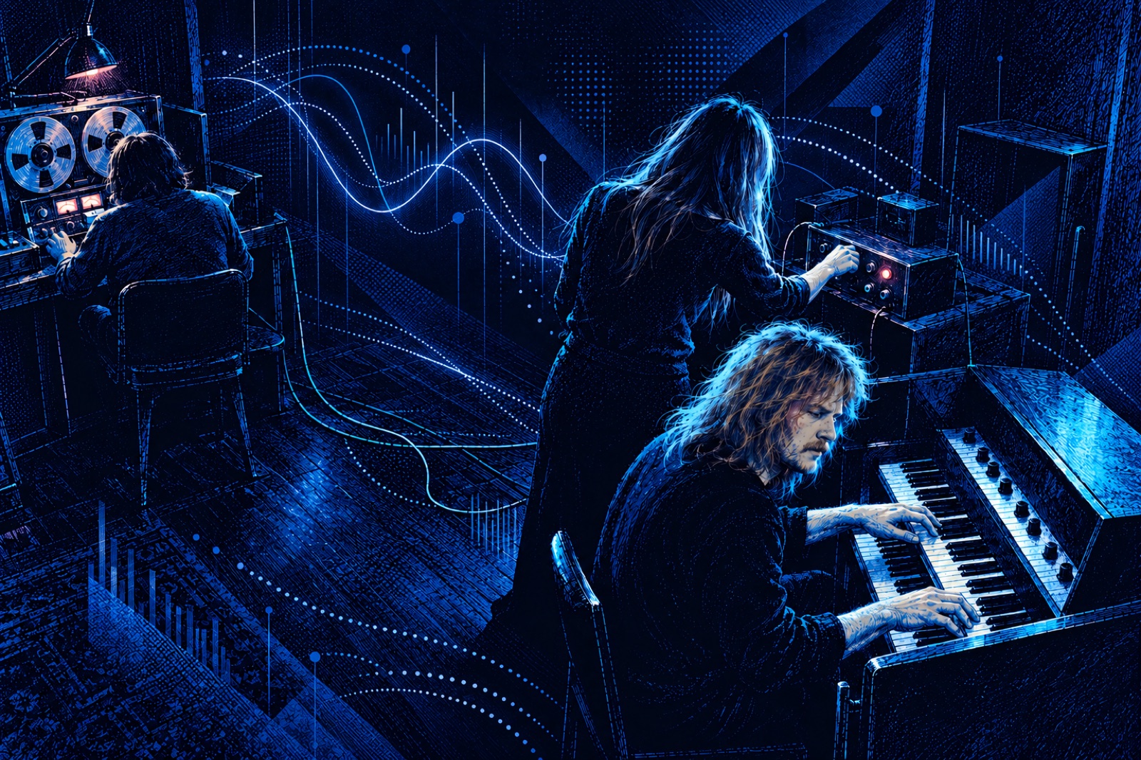 Late at night in a studio, Edgar Froese plays a double-keyboard Mellotron while a woman beside him, seen from behind, works a small effects box and an engineer runs the tape