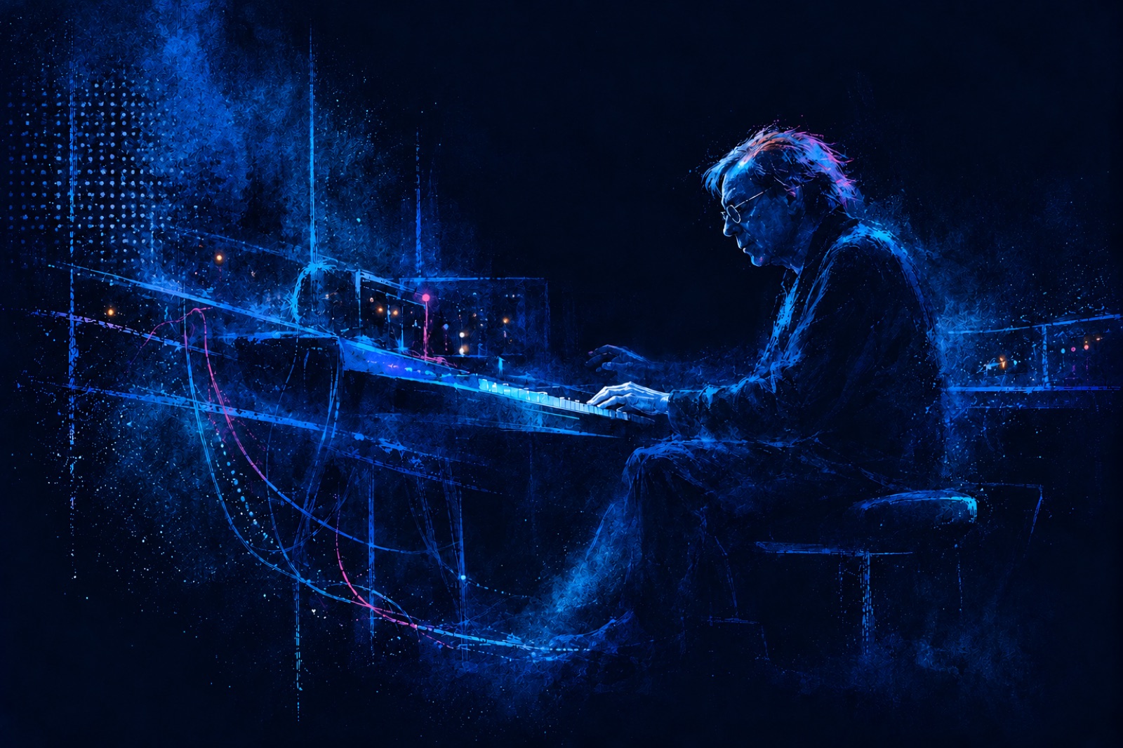 Klaus Schulze, in his late sixties, plays alone in a small studio, the room dissolving into soft blue light
