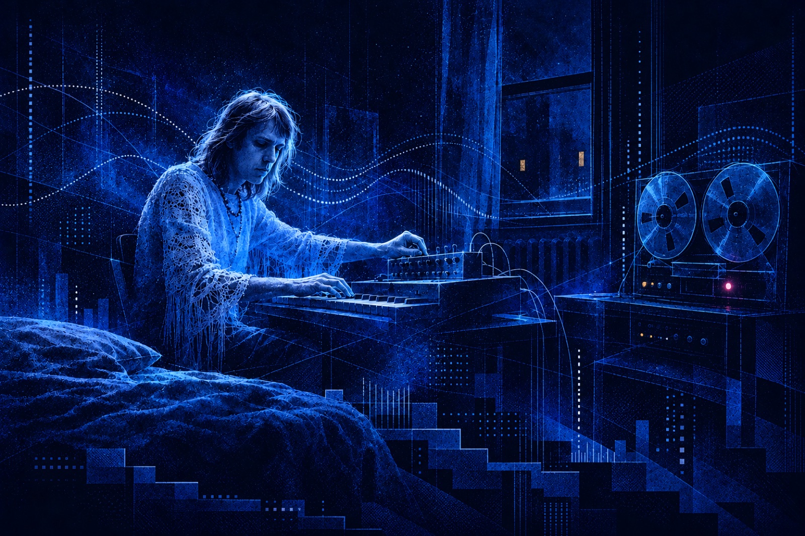 Klaus Schulze spielt allein nachts in seinem Schlafzimmer Synthesizer mit einem kleinen Sequenzer und nimmt auf eine Tonbandmaschine auf