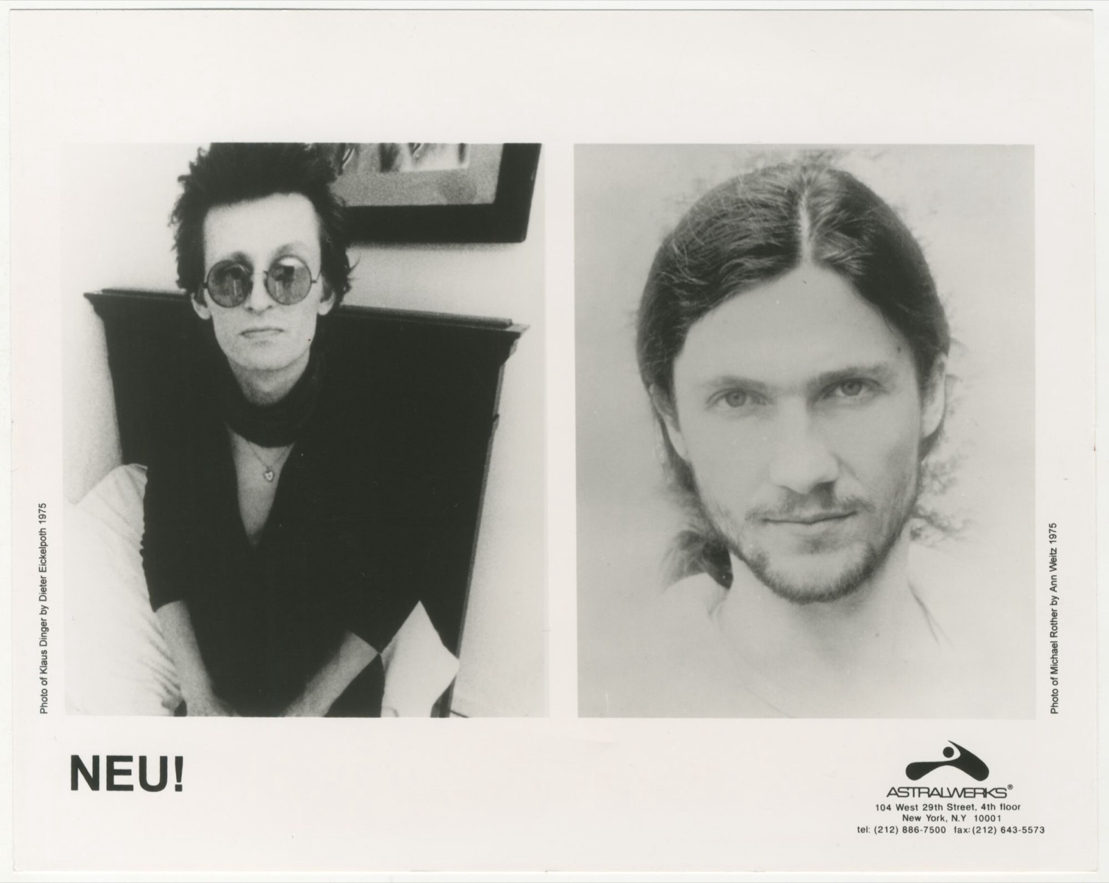 Une feuille de presse avec deux portraits en noir et blanc : Klaus Dinger en lunettes de soleil rondes, et Michael Rother